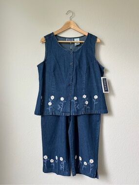 Erika & Co. Blue Denim Matching Set Floral Embroidery Vintage Size Large NWT